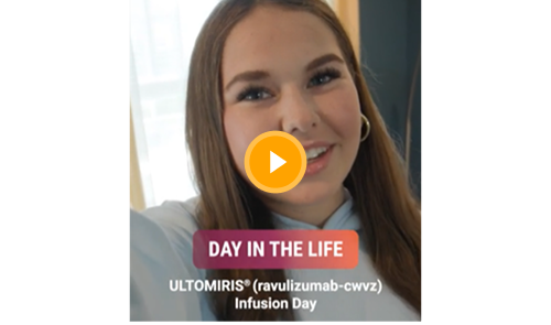 Video thumbnail of a woman smiling indoors with text reading ‘Day in the Life’ and ‘ULTOMIRIS Infusion Day.’